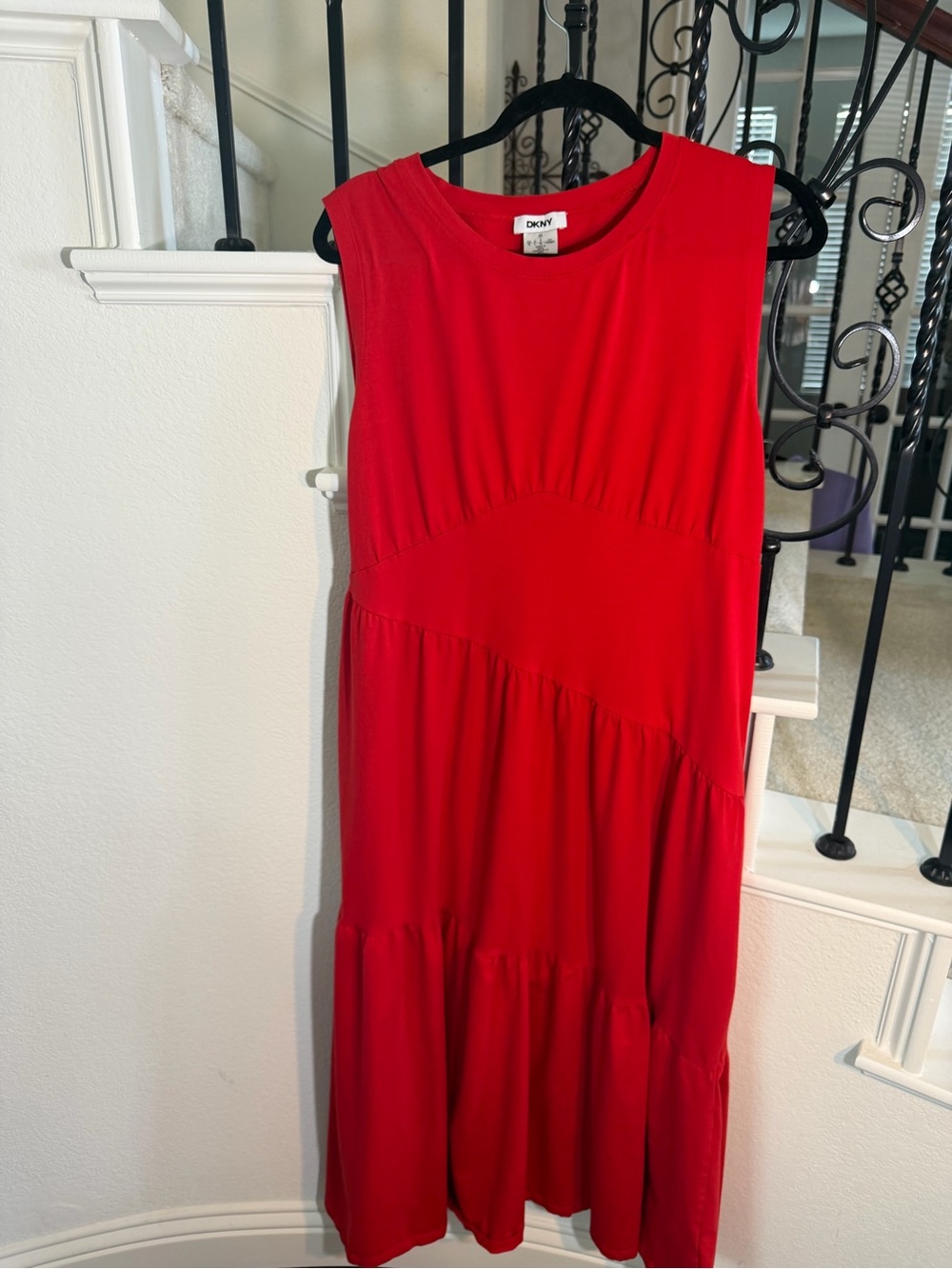 DKNY Red Sleeveless Tiered Midi Dress